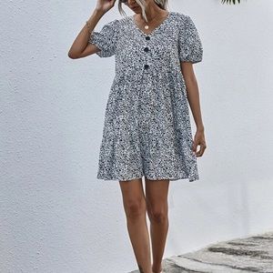 Dalmatian print front button ruffle smock dress